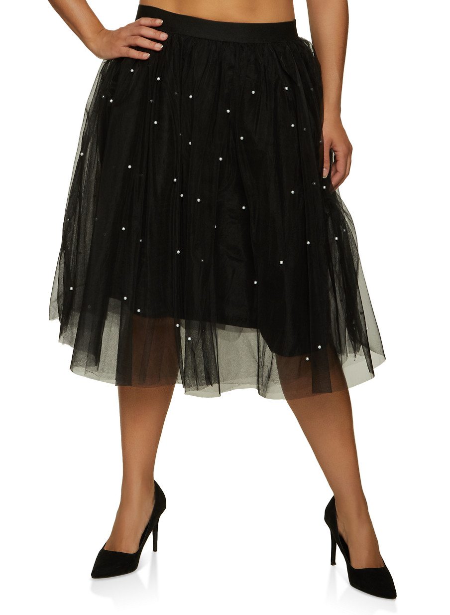 Plus Size Faux Pearl Studded Tulle Skater Skirt