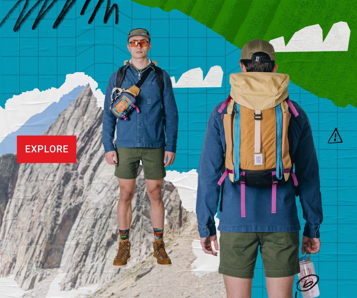 A MAN WEARING KIT OF MOUNTAIN HIP PACK, MOUNTAIN PACK, AND DIRT APPAREL OVER BRIGHTLY COLORED BACKGROUNDS