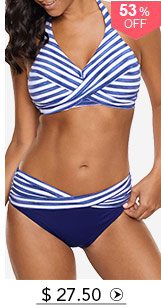 Halter Striped Twist Front Blue Bikini Set