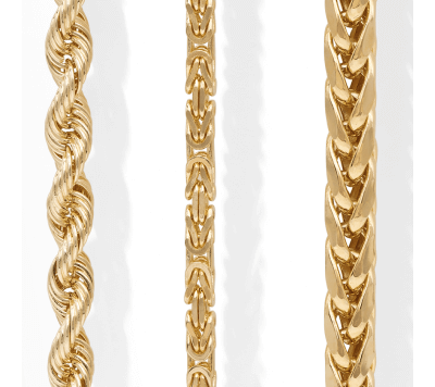 Display of 3 gold chains in different designs