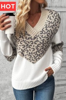 Light Camel Patchwork Leopard Long Sleeve V Neck Sweater