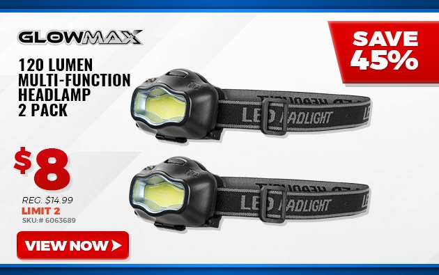 GLOWMAX 120 LUMEN MULTI-FUNCTION HEADLAMP - 2 PACK