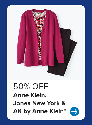 Image of a pink sweater and black pants. 50% off Anne Klein, Jones New York and AK by Anne Klein.