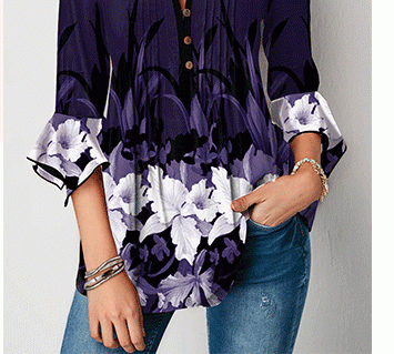 Printed Button Embellished Round Neck Blouse 