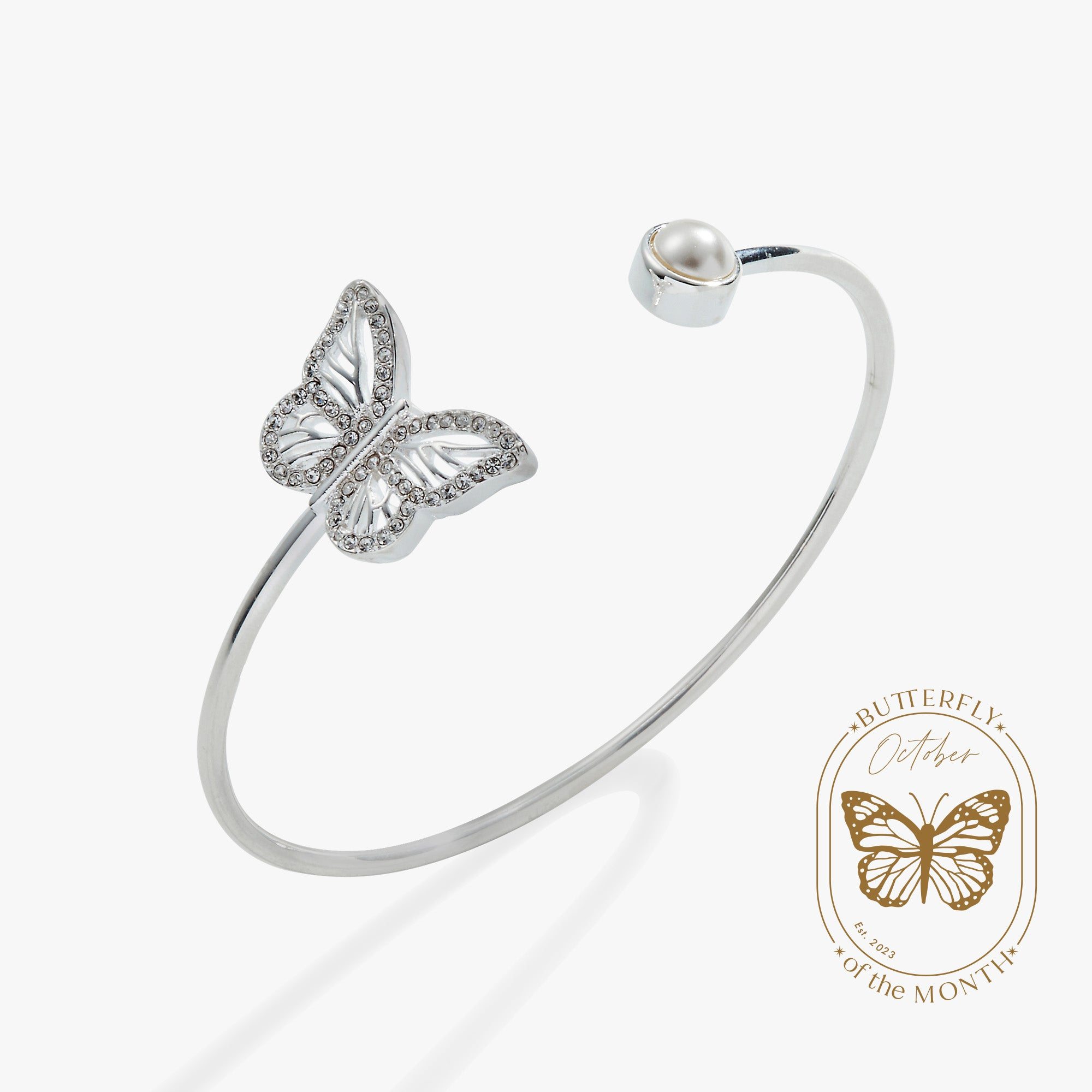 Image of Crystal Butterfly + Pearl Flex Cuff Bracelet