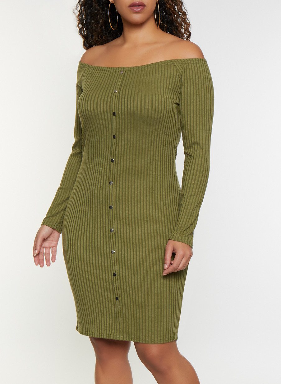 Plus Size Rib Knit Off the Shoulder Button Dress