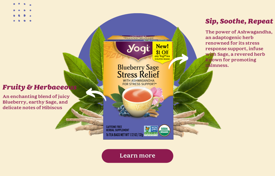 Yogi Blueberry Sage Stress Relief tea surrounded by Sage and Ashwagandha root