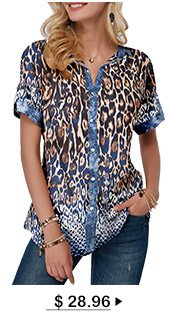 Turndown Collar Button Front Leopard Print Blouse