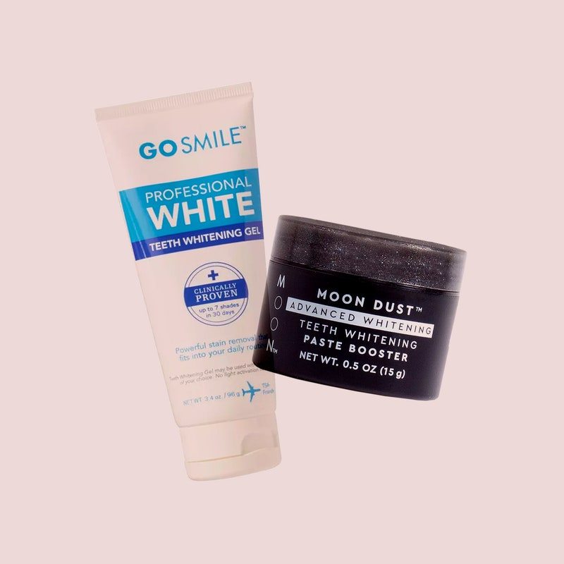 Teeth whitening products from Moon Oral Care and Go Smile on a light pink background