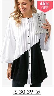 Color Block Button Up Pintuck Blouse