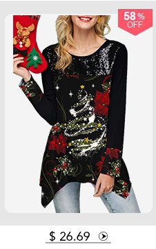 Christmas Print Asymmetric Hem Black T Shirt