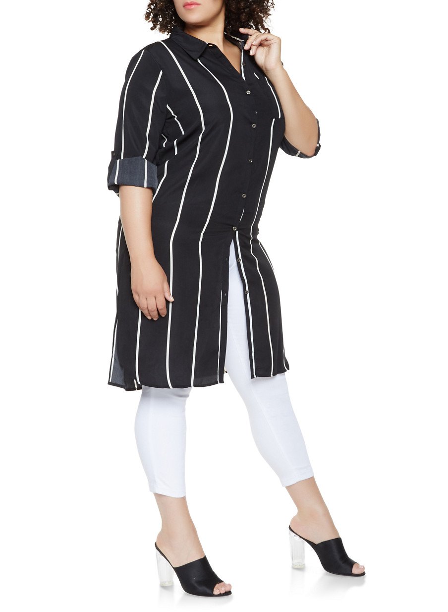 Plus Size Striped Button Front Tunic Top