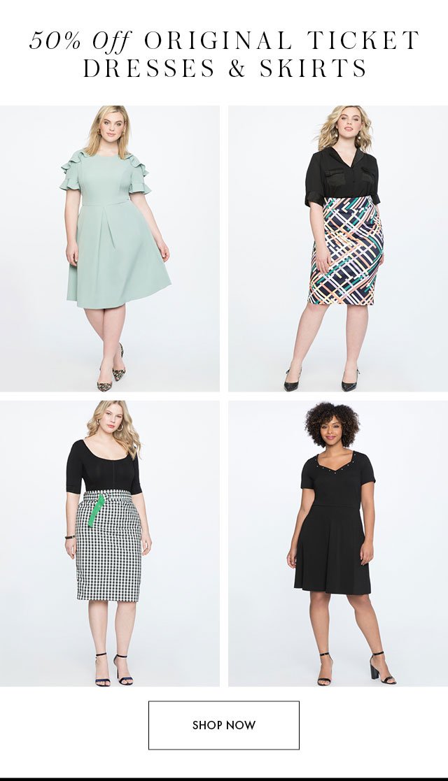 50% off dresses + skirts