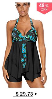 Open Back Printed Asymmetric Hem Tankini Set