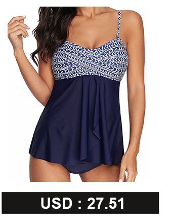 Crossover Hem Chevron Print Navy Blue Tankini Set 
