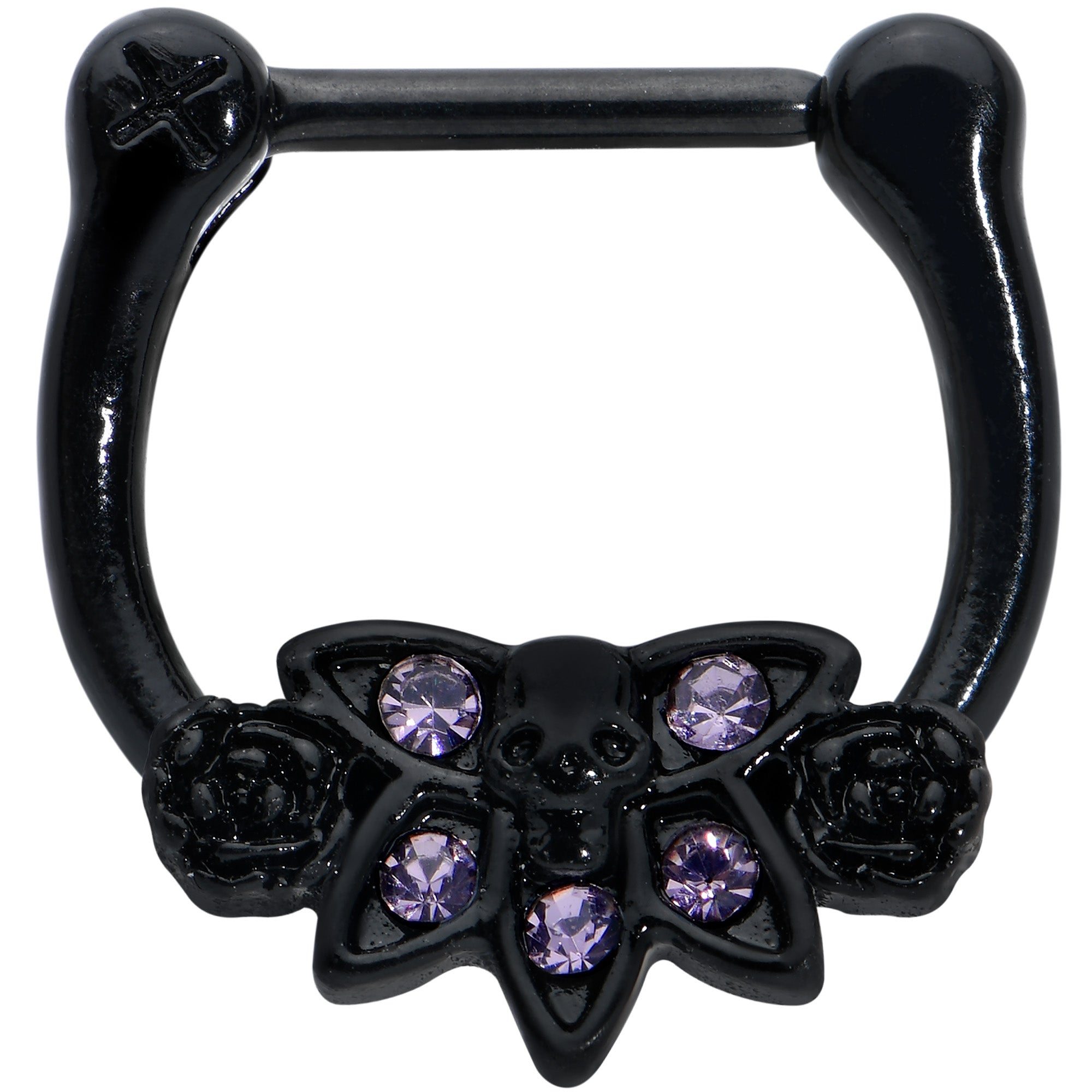 Image of 16 Gauge 5/16 Purple Gem Black Skull Blossom Cartilage Clicker