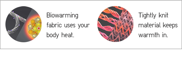 BIOWARMING FABRIC USES YOUR BODY HEAT.