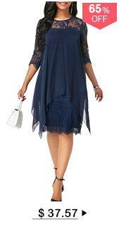 Three Quarter Sleeve Chiffon Overlay Navy Lace Dress