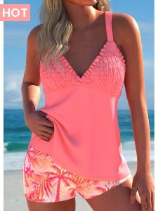 ROTITA Smocked Coral Tropical Plants Print Tankini Set