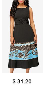 Black Ruched Sleeveless Printed Round Neck Dress