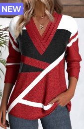 Red Patchwork Geometric Print Long Sleeve T Shirt