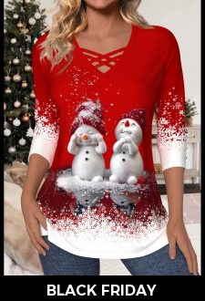 ROTITA Christmas Criss Cross Red V Neck T Shirt