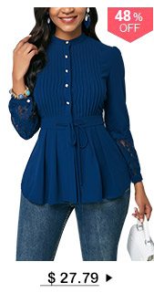 Lace Panel Crinkle Chest Navy Blue Peplum Blouse