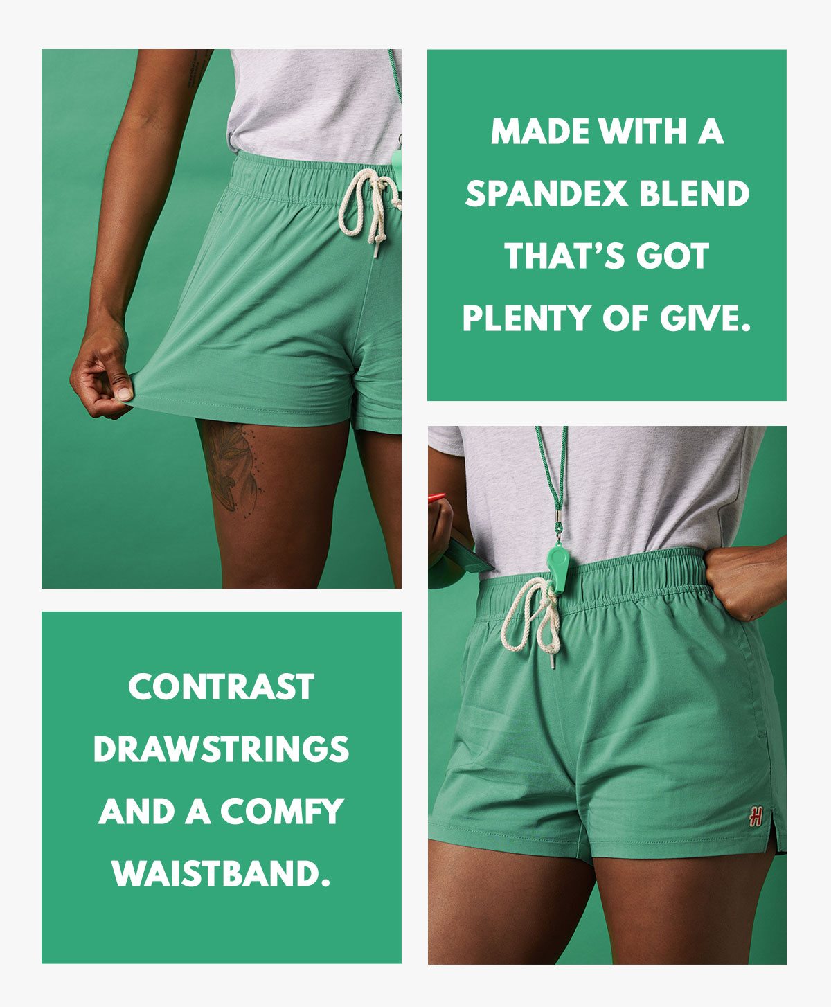made with a spandex blend that’s got plenty of give. Contrast drawstrings and a comfy waistband. 