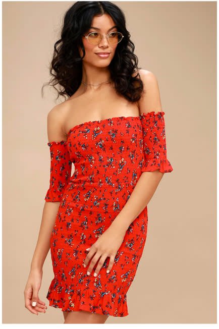 Serving Looks Red Floral Print Off-the-Shoulder Bodycon Dress