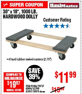  30 In x 18 In 1000 lb. Capacity Hardwood Dolly