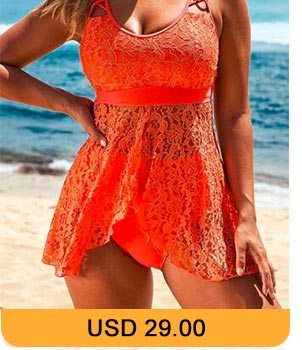 Lace Panel Asymmetric Hem Orange Lingerie Swimdress and Panty
