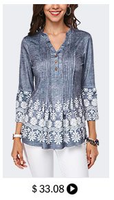 Split Neck Button Detail Printed Pleated Blouse