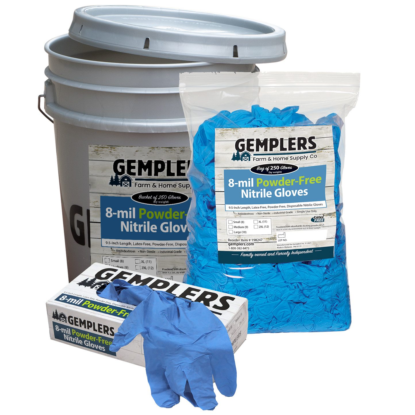 Gemplers Nitrile Glove 8-mil 50 count box, 250 count bag & bucket