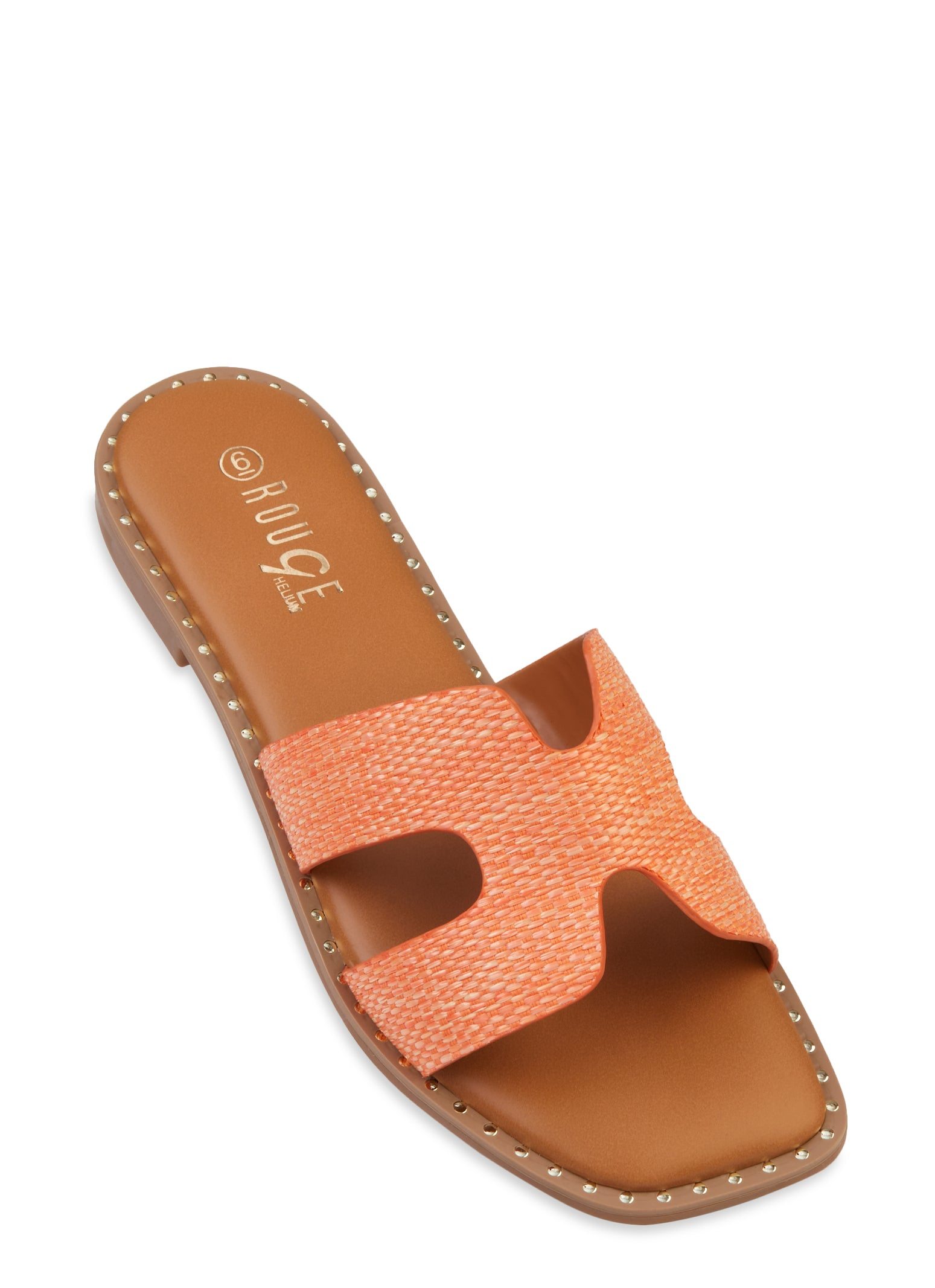 Studded Trim Straw Cut Out Band Slide Sandals