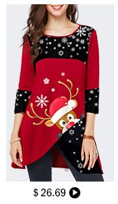 Asymmetric Hem Elk Print Christmas T Shirt