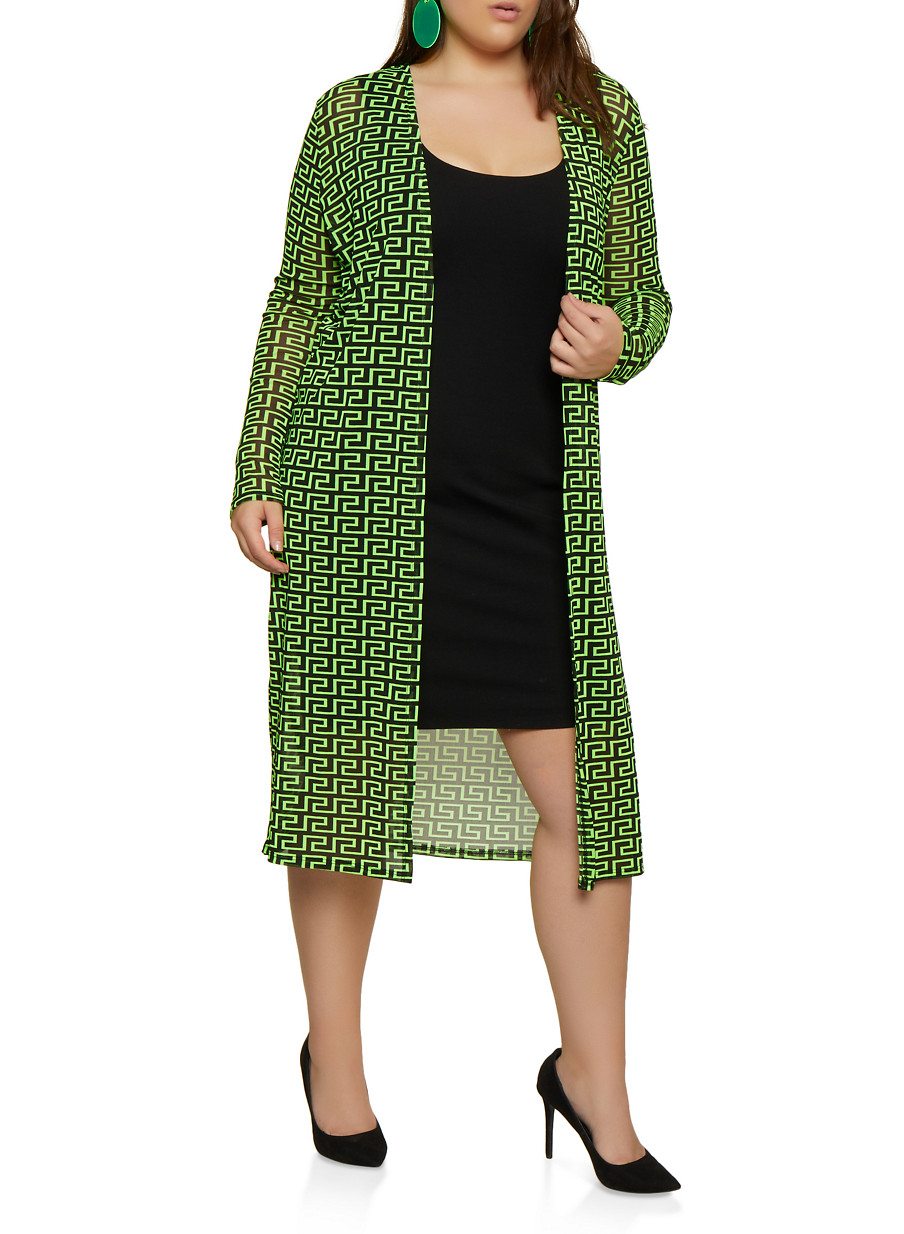 Plus Size Geometric Print Mesh Duster