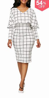 V Neck Grid Print Cape White Sheath Dress