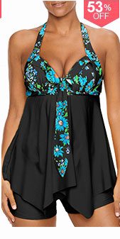 Open Back Printed Asymmetric Hem Tankini Set