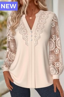 Beige Embroidery Long Sleeve Split Neck Blouse