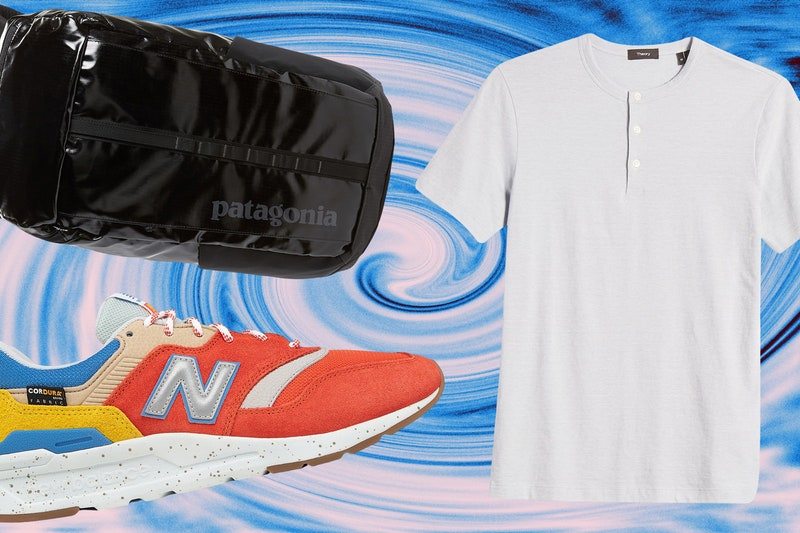 A sneaker, a black backpack and a white henley shirt on a psychedelic background