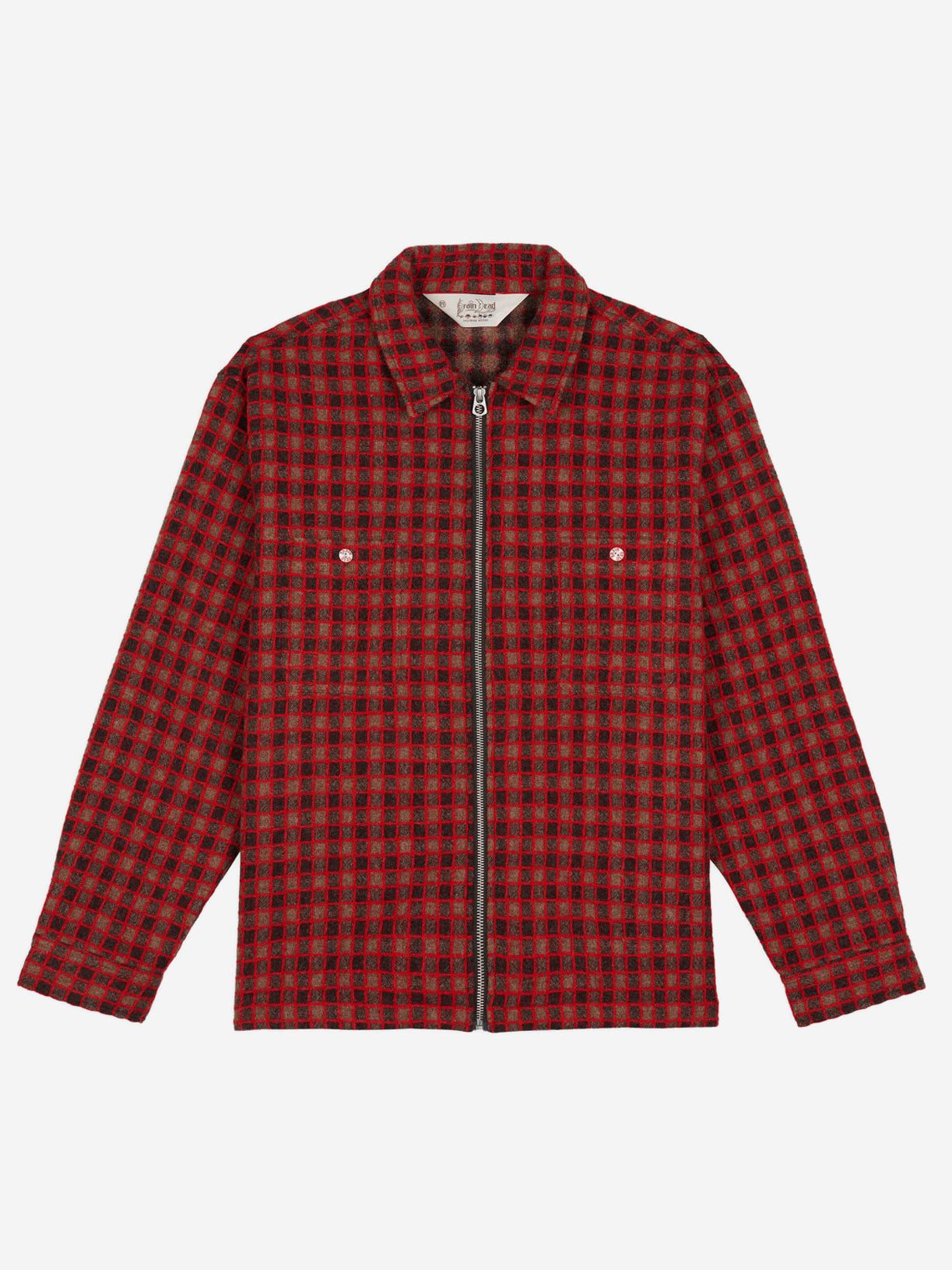 Image of Brain Dead Check Mate Flannel Zip Shirt - Brown