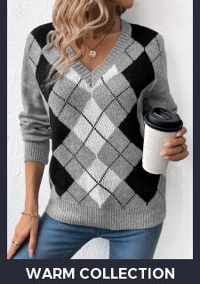 Grey Patchwork Plaid Long Sleeve V Neck Sweater