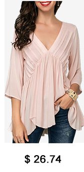 Asymmetric Hem V Neck Pink Blouse