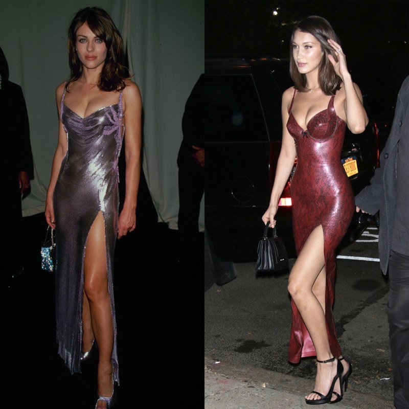 Elizabeth Hurley and Bella Hadid in skin-skimming dresses.