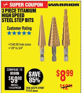  Titanium High Speed Steel Step Bit Set 3 Pc