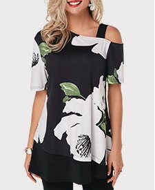 Flower Print Cold Shoulder Short Sleeve T Shirt