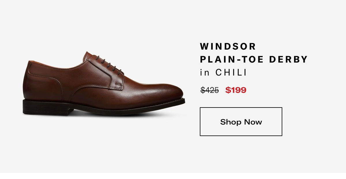 Click Here To Save On The Windsor Plain-toe Derby In Chili, Regular Price $425, Available For $199 During Black Friday Sale