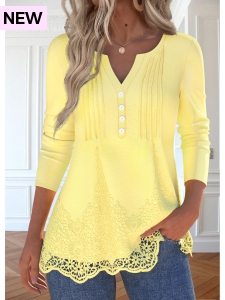 ROTITA Embroidery Light Yellow Split Neck Long Sleeve T Shirt