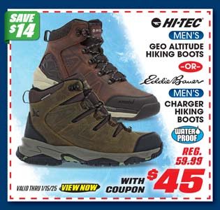 Hi-Tec Geo Altitude Men's Hiking Boots or Eddie Bauer Charger Waterproof Men's Hiking Boots