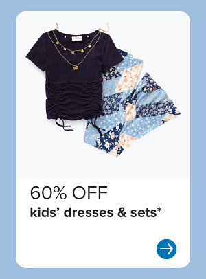 A girls' blue top and blue and peach pants. 60% off kids' dresses and sets. 